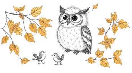 A heartwarming hand-drawn sketch depicts a blind, fluffy owl with large, endearing eyes patiently guiding small birds in a gr