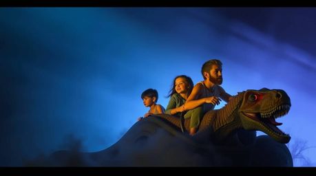 A captivating scene depicting an ochre-skinned prehistoric family riding a fantastical dinosaur car, bathed in the ethereal g