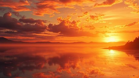 Immerse yourself in a breathtaking scene featuring a serene lake reflecting the vibrant colors of a vivid sunset sky, infused