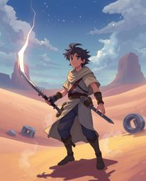 A captivating illustration in the style of an Isekai anime depicts a brave hero embarking on a Disney-esque desert adventure.