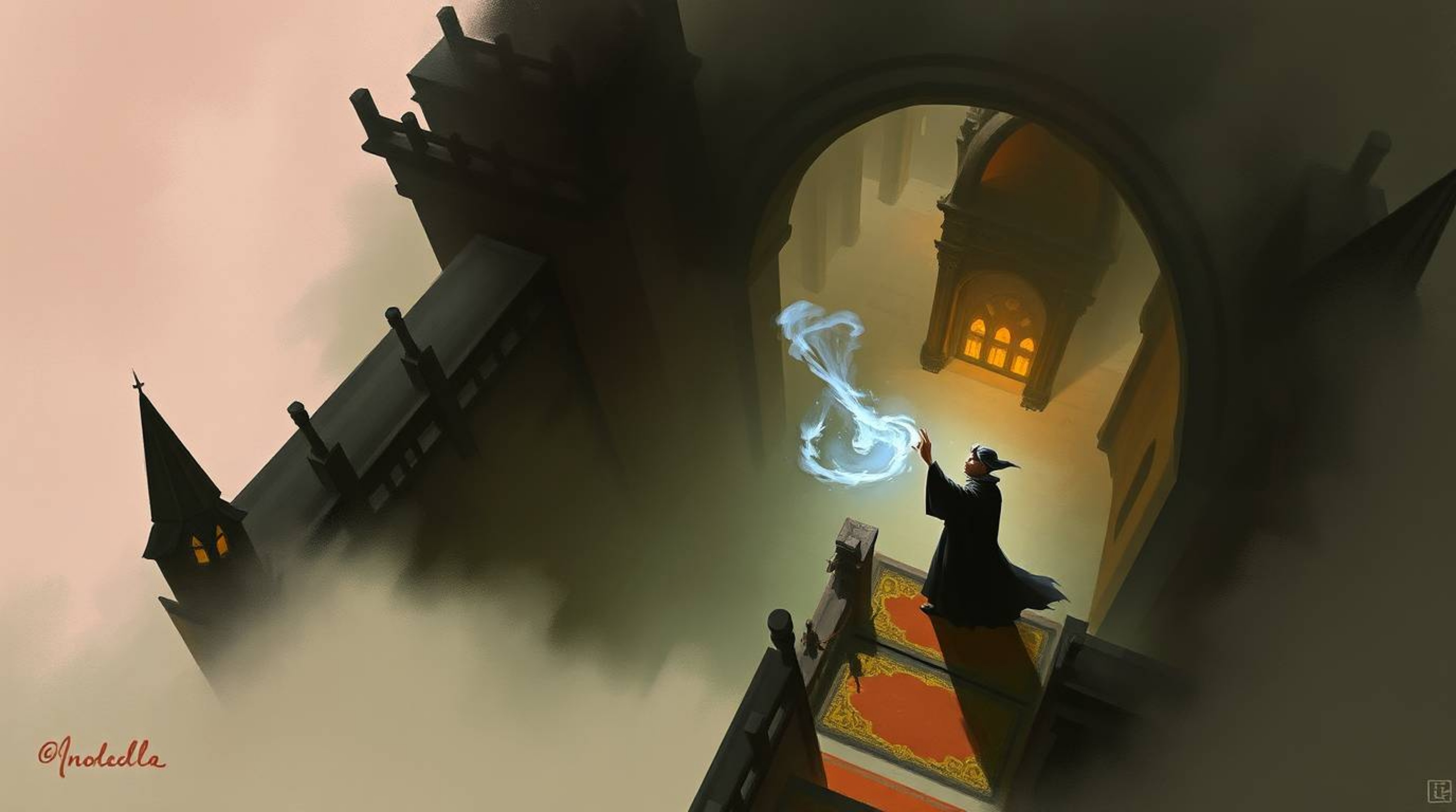 A captivating digital painting showcases a classic Disney villain casting a spell within an ancient castle. The artwork feat