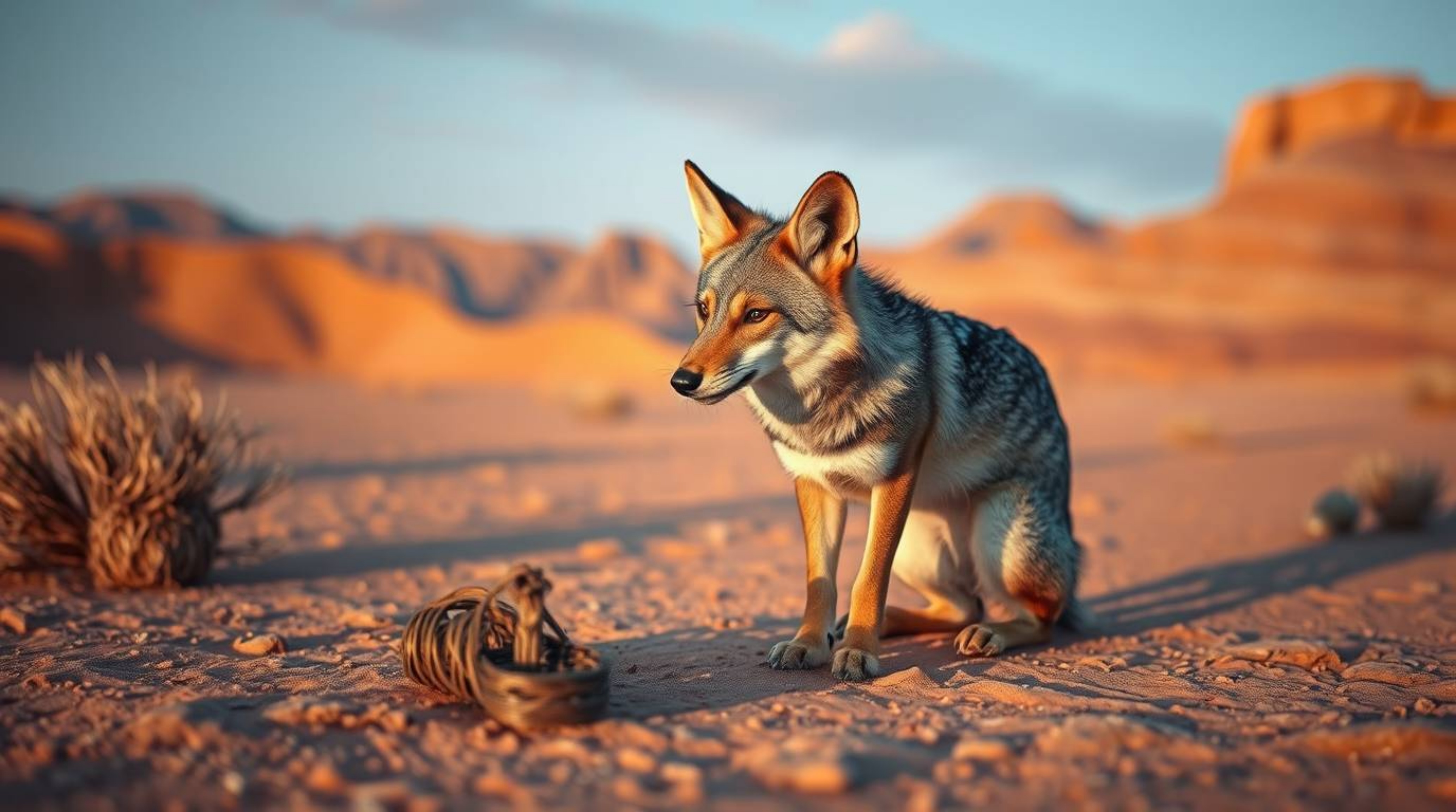A coyote with refined features concocts a ridiculous trap in a desert landscape bathed in gentle, soft, iridescent light. The
