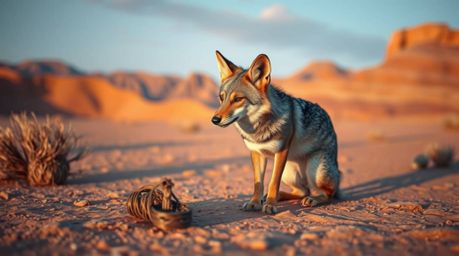 A coyote with refined features concocts a ridiculous trap in a desert landscape bathed in gentle, soft, iridescent light. The