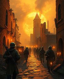 Immerse yourself in a warm golden glow illuminating time-warped soldiers amidst crumbling buildings, brought to life by flick