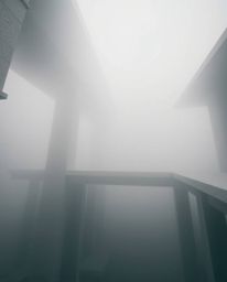A brave hero embarks on a Disney-style desert adventure, shrouded in thick fog. This architectural photography showcases shar