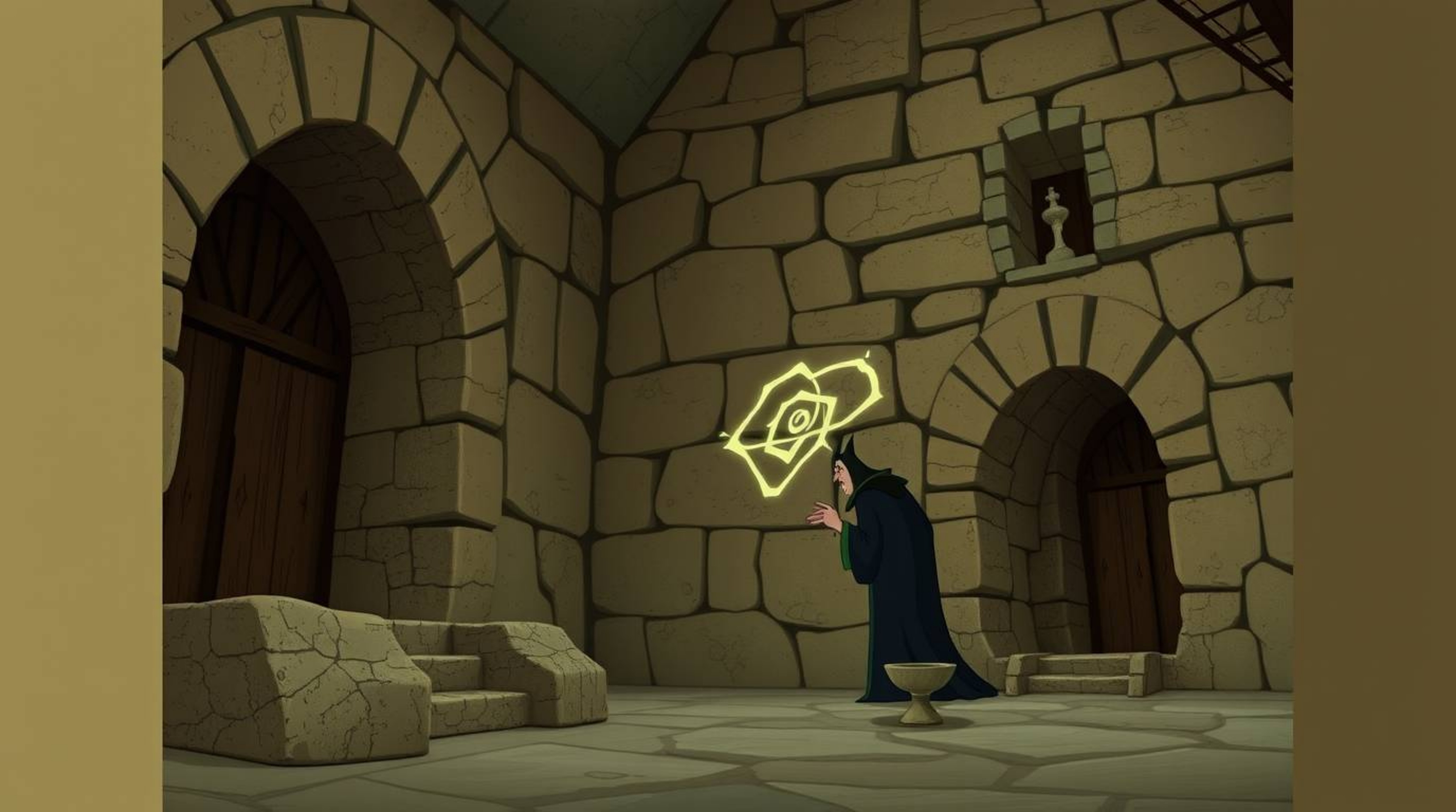 A classic Disney villain conjures a spell within the aged stones of an ancient castle. The scene is rendered in natural eart