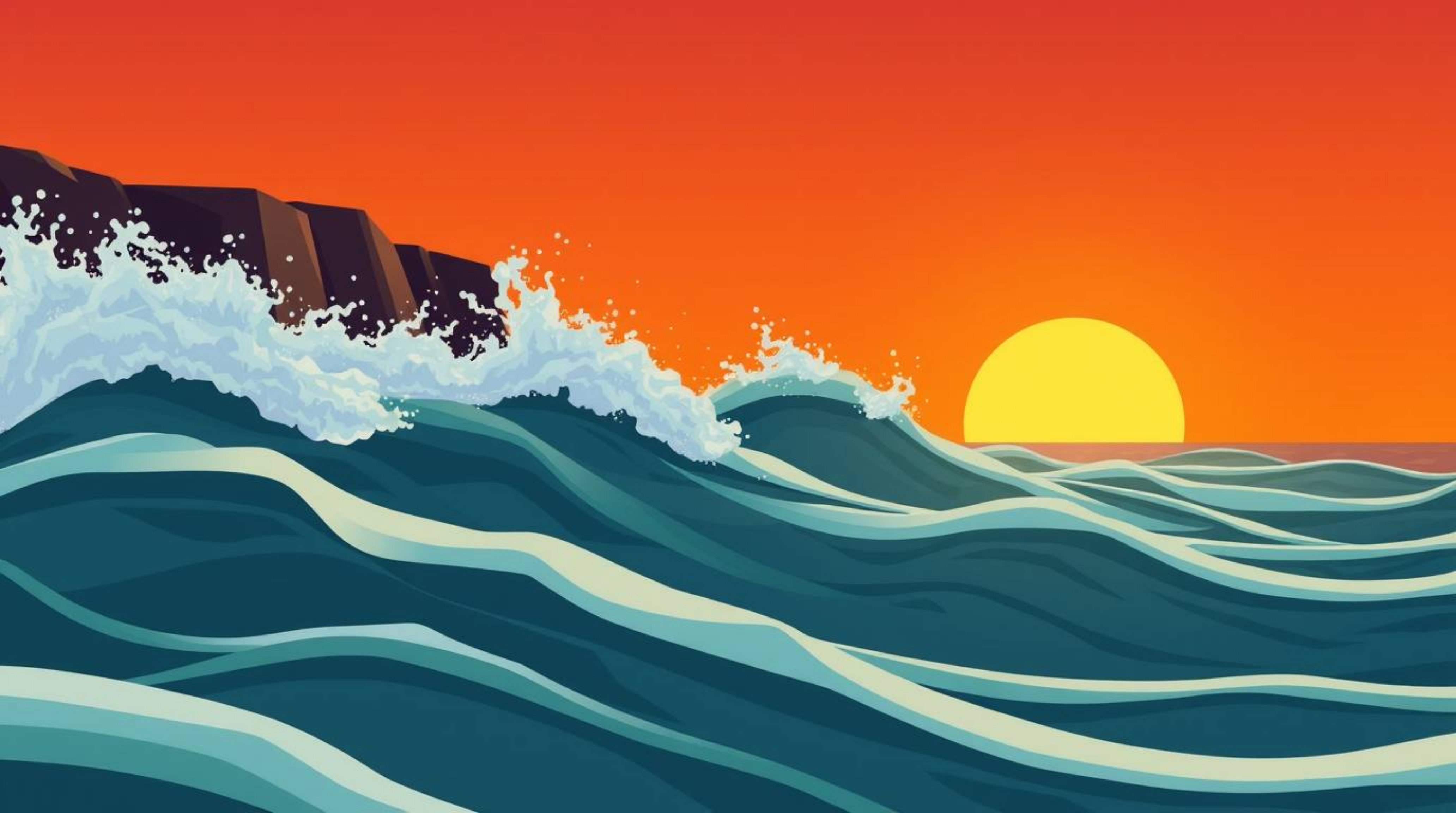 A captivating close-up illustration showcases waves crashing dramatically against cliffs at sunset.  The flat design features