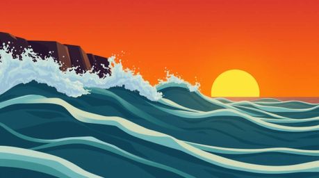 A captivating close-up illustration showcases waves crashing dramatically against cliffs at sunset.  The flat design features