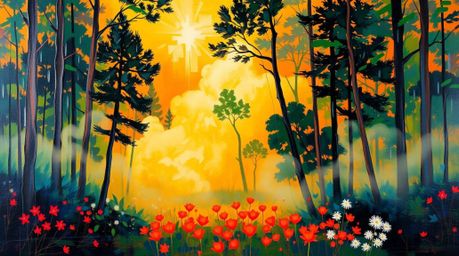 This bold acrylic painting captures the serene beauty of a forest at golden hour.  Vibrant colors and textured brushstrokes b