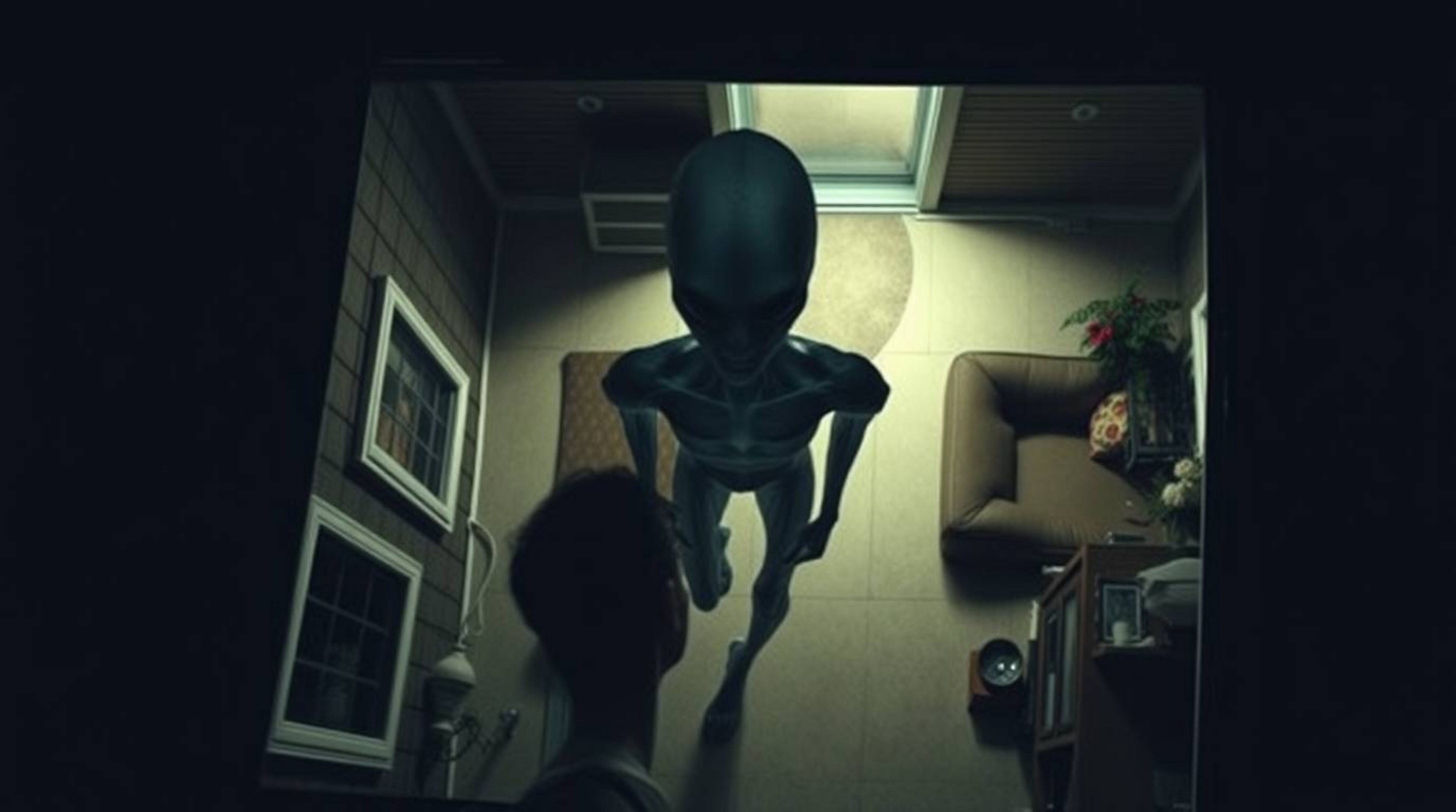 This striking image captures a tall, slender alien with translucent skin residing within a typical suburban house. Shot from 