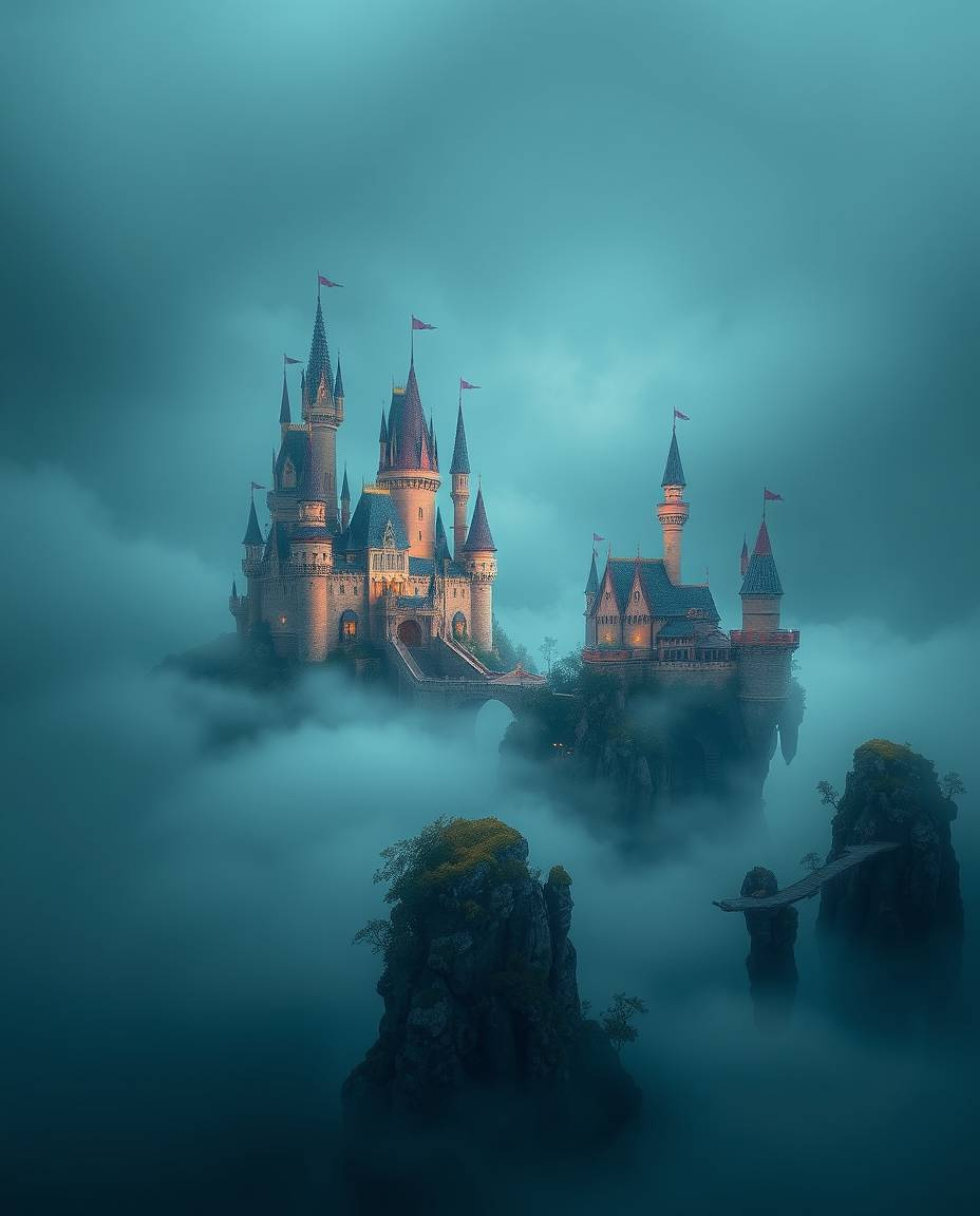 Discover a vibrant fantasy realm of floating islands and majestic castles shrouded in thick fog.  Experience a strong moody a