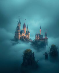 Discover a vibrant fantasy realm of floating islands and majestic castles shrouded in thick fog. Experience a strong moody a