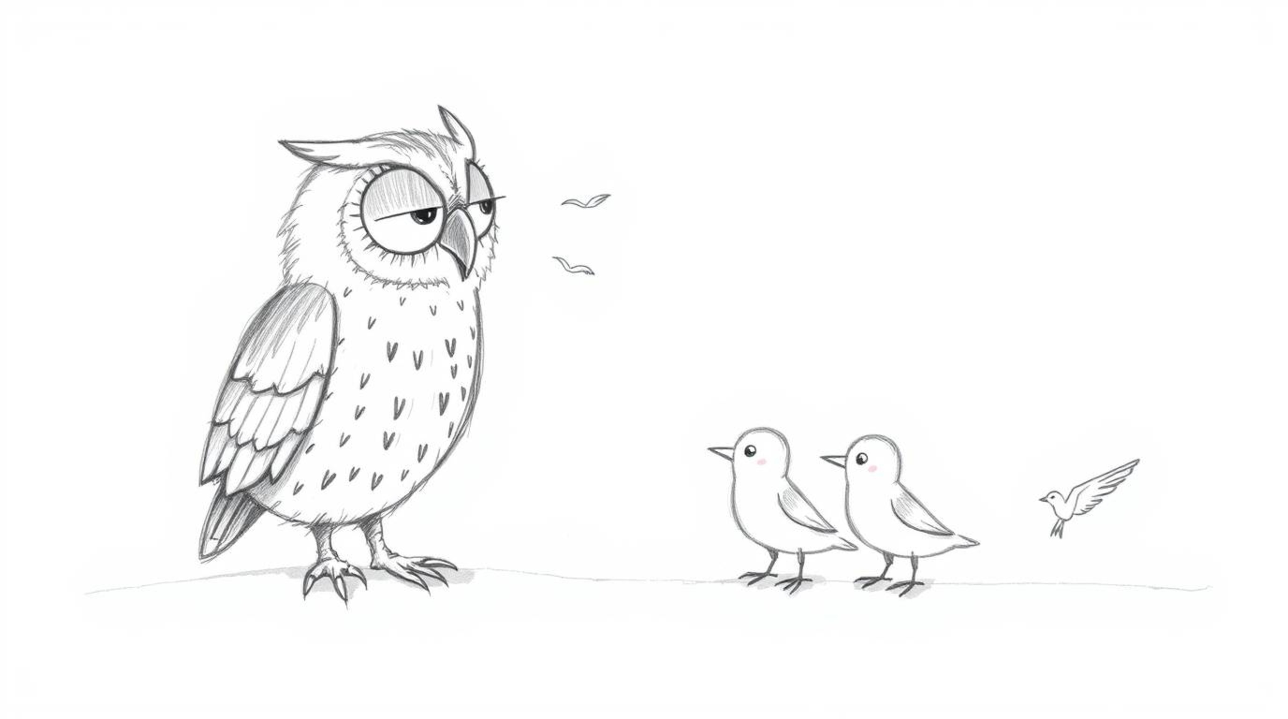A whimsical hand-drawn sketch in the style of Pixar animation captures a blind owl intently listening to the flapping wings o
