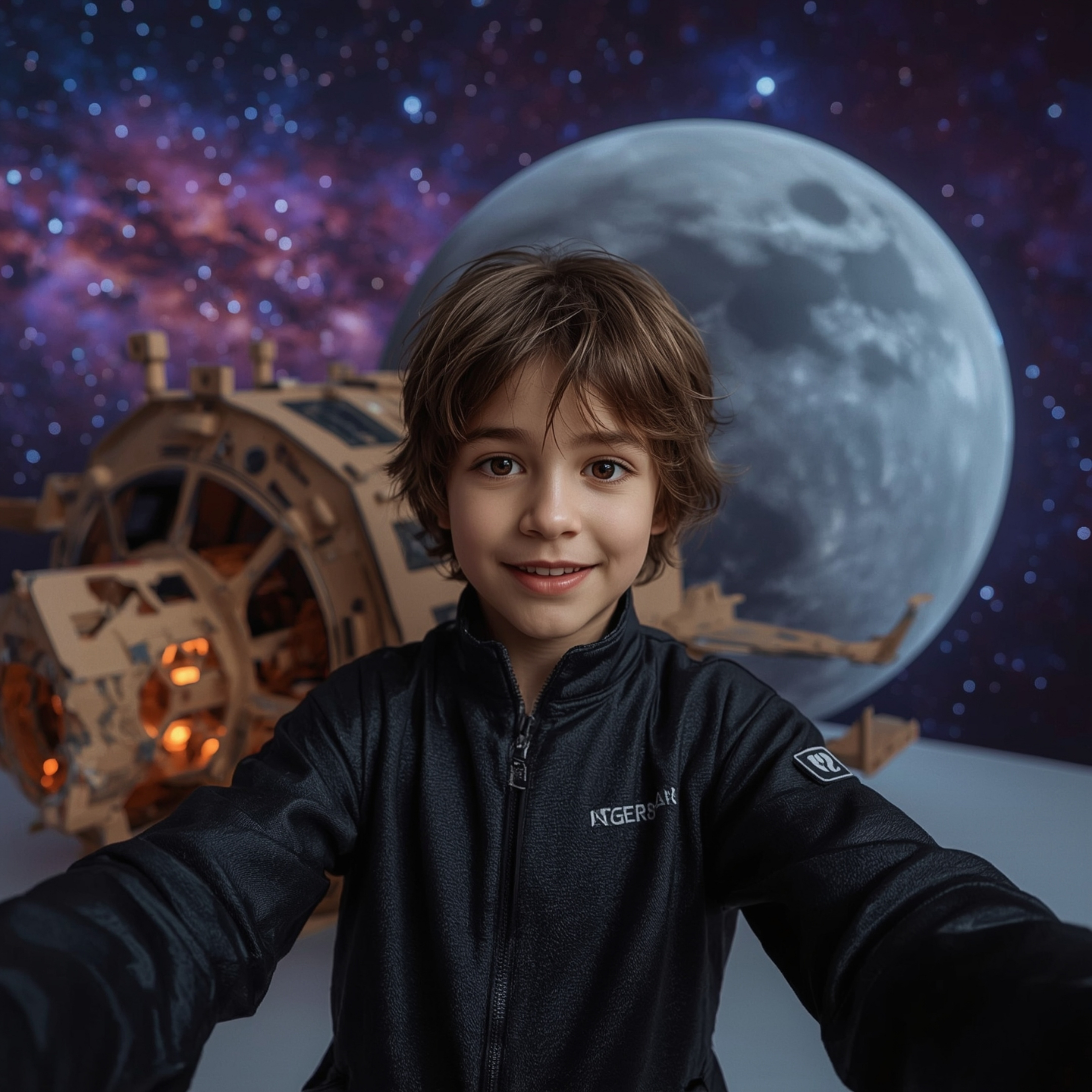 A captivating high-fashion photograph in the style of Pixar depicts a young boy in a sleek black spacesuit, taking his first 
