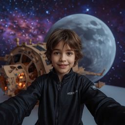 A captivating high-fashion photograph in the style of Pixar depicts a young boy in a sleek black spacesuit, taking his first 
