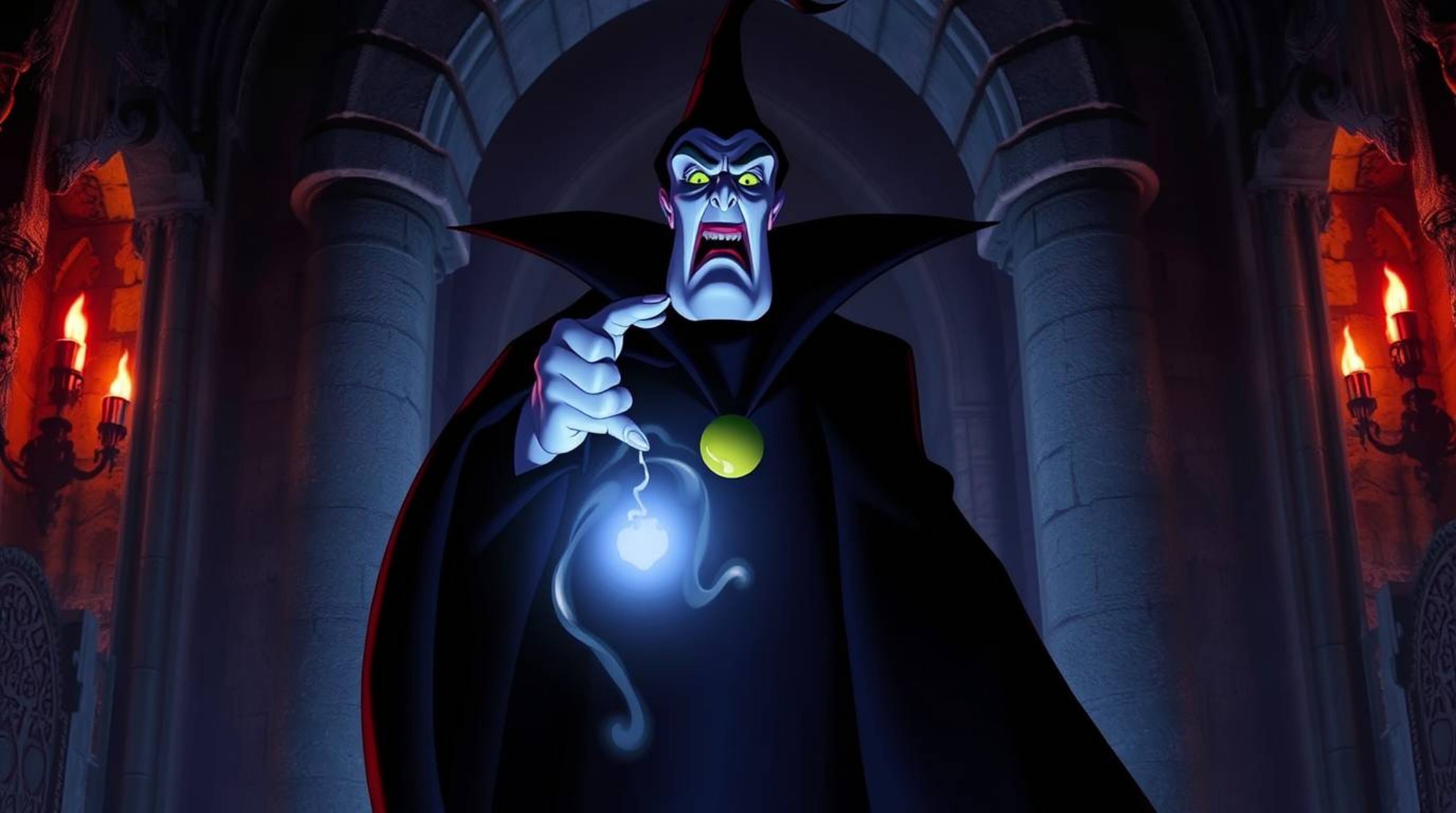 Witness a classic Disney villain, cloaked in dark attire, casting a powerful spell within the dilapidated walls of a crumblin