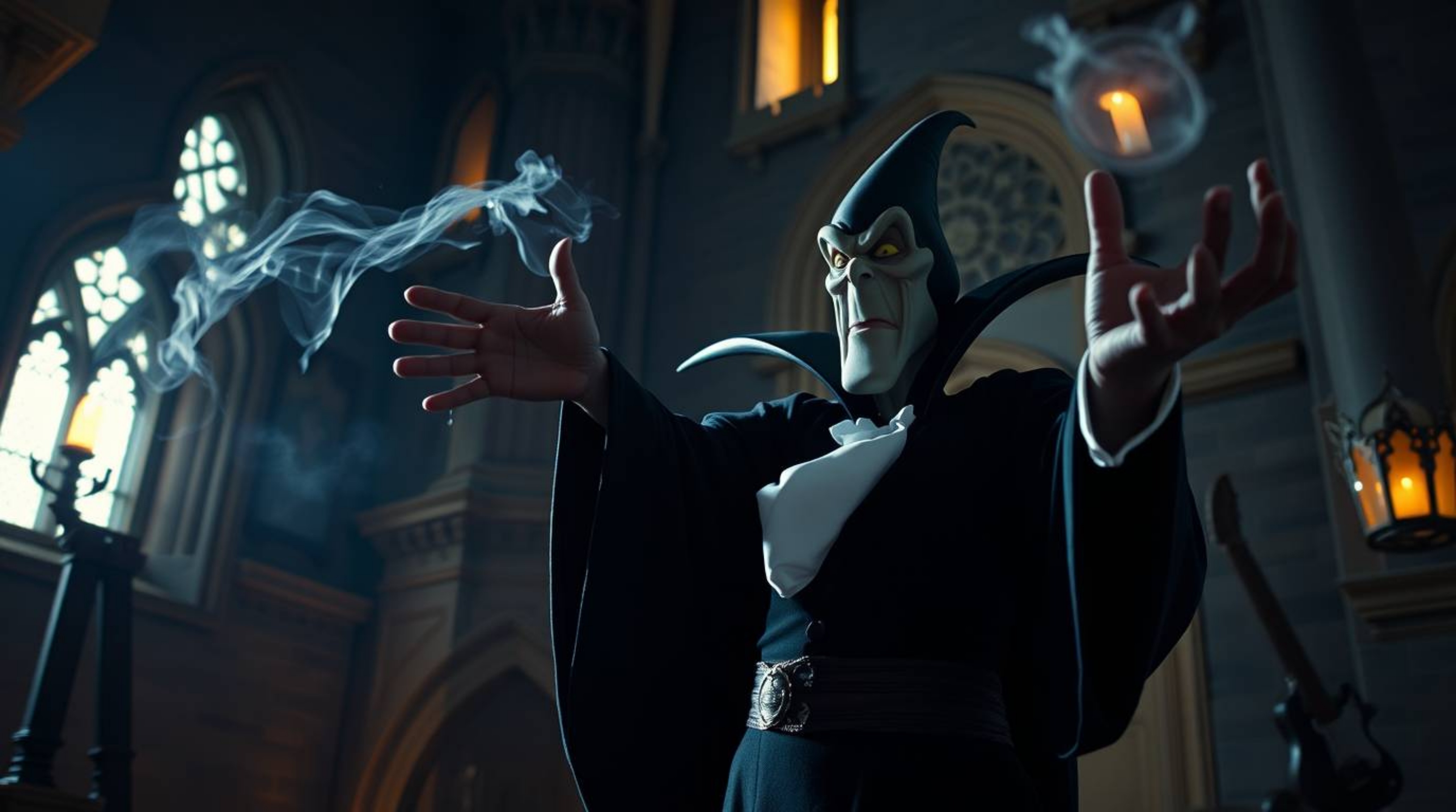 A captivating fine art photograph depicts a classic Disney villain casting a spell within the imposing walls of an ancient ca
