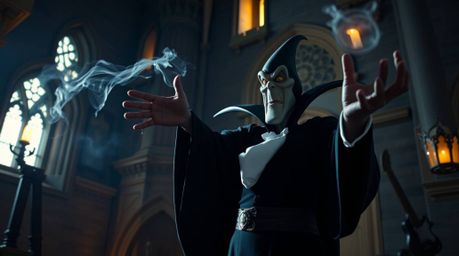 A captivating fine art photograph depicts a classic Disney villain casting a spell within the imposing walls of an ancient ca