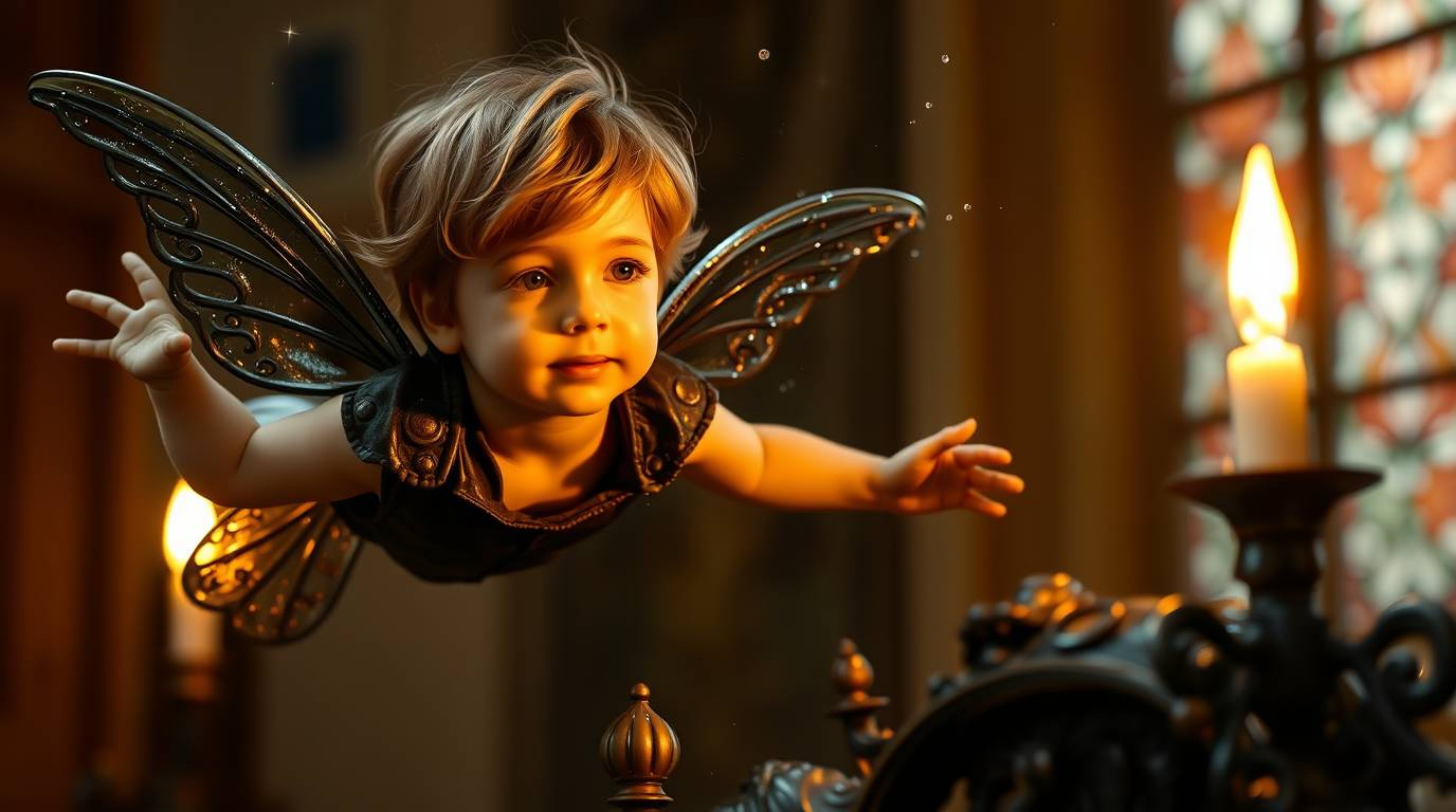 A young boy with a serene expression soars above a bronze sculpture of London, propelled by shimmering pixie dust. The scene 