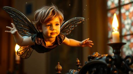 A young boy with a serene expression soars above a bronze sculpture of London, propelled by shimmering pixie dust. The scene 
