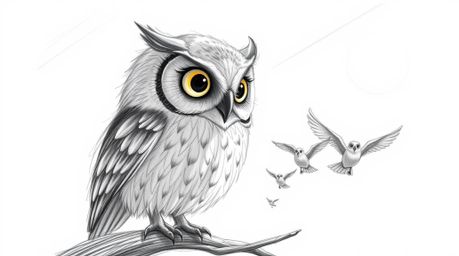 A heartwarming, hand-drawn sketch inspired by Pixar, depicting a blind owl with softly glowing feathers patiently teaching sm