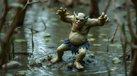 Explore a vibrant depiction of an ogre dancing energetically in a swamp, brought to life through layered papier-mâché. This a