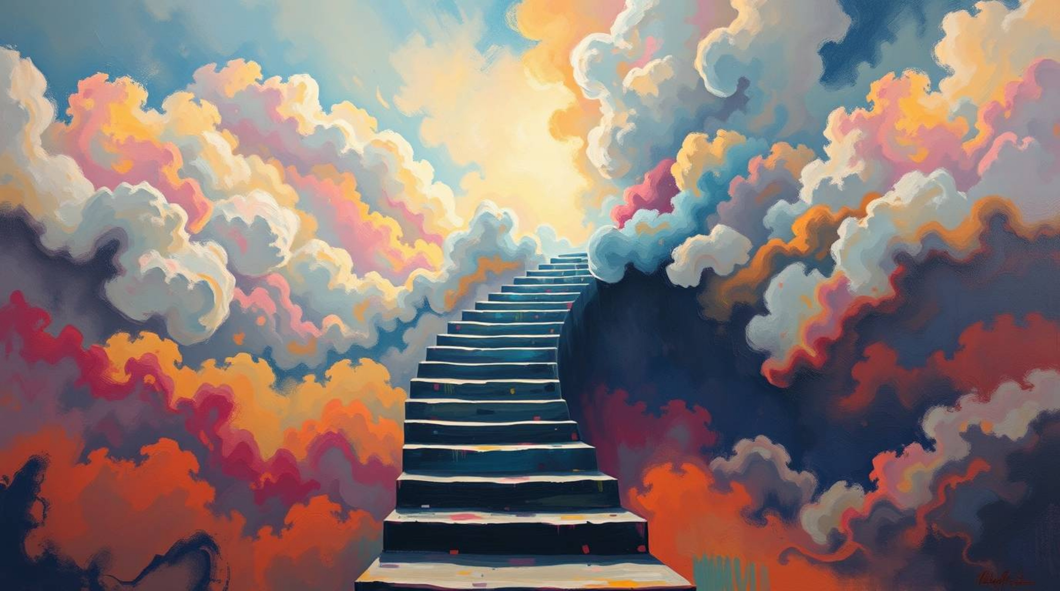A bold acrylic painting depicts a winding stairway of smoke and light ascending into a vast, cloudy sky.  The vibrant colors 
