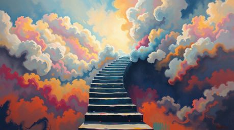 A bold acrylic painting depicts a winding stairway of smoke and light ascending into a vast, cloudy sky.  The vibrant colors 