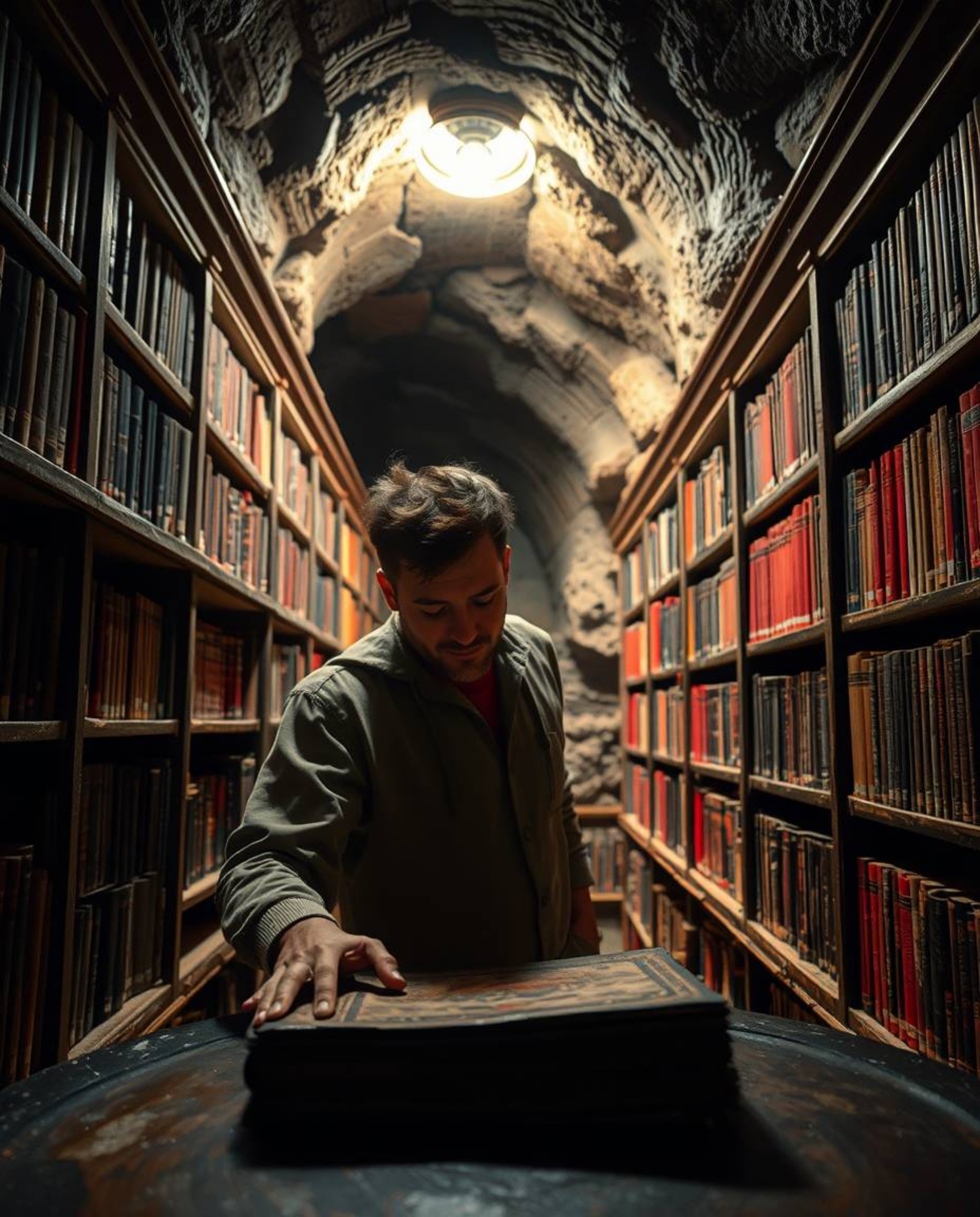 A person discovering a hidden underground library filled with books radiating an antique patina. The scene is lively and ener