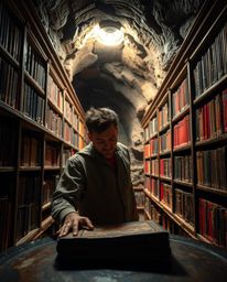 A person discovering a hidden underground library filled with books radiating an antique patina. The scene is lively and ener