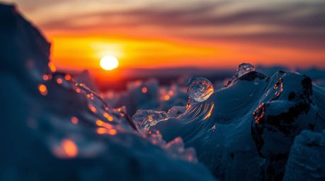 A dreamlike, surreal extreme macro close-up captures a vibrant sunset over icy glaciers in the polar region.  The image showc