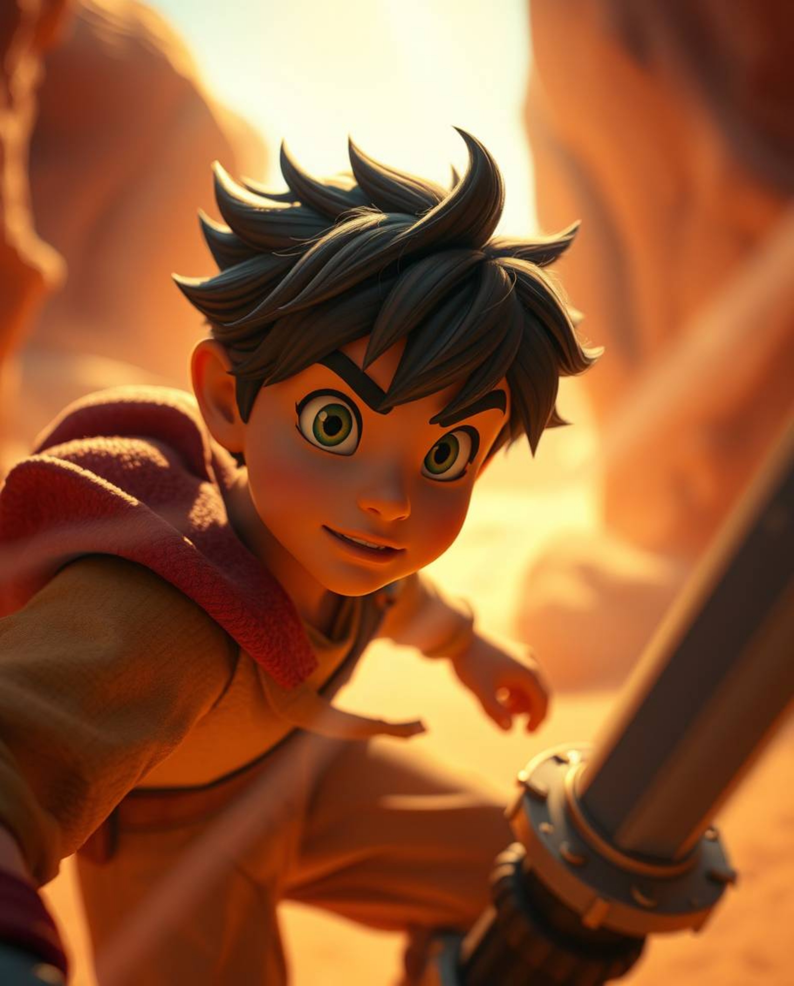 Experience a breathtaking extreme macro close-up of a brave Disney hero embarking on a thrilling desert adventure. Volumetri