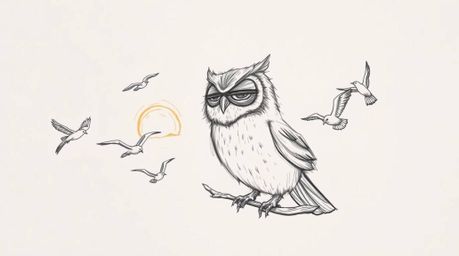 A heartwarming hand-drawn illustration in the style of Pixar, depicting a blind owl with expressive features teaching a class