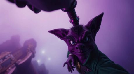 A high-angle perspective showcases a mischievous trickster character about to face an unfortunate anvil drop, rendered in dee
