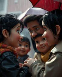 Experience a heartwarming family reunion captured in a tight close-up shot, stylized in the iconic Pixar animation style. The
