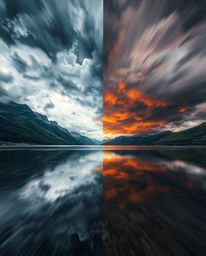 A dynamic image captures intense, dramatic weather conditions, creating a striking split between stormy skies above and the f