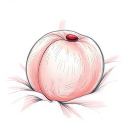 A captivating hand-drawn sketch featuring a close-up, ASMR-inspired image of a soft, blushing pink peach resting on pastel pi