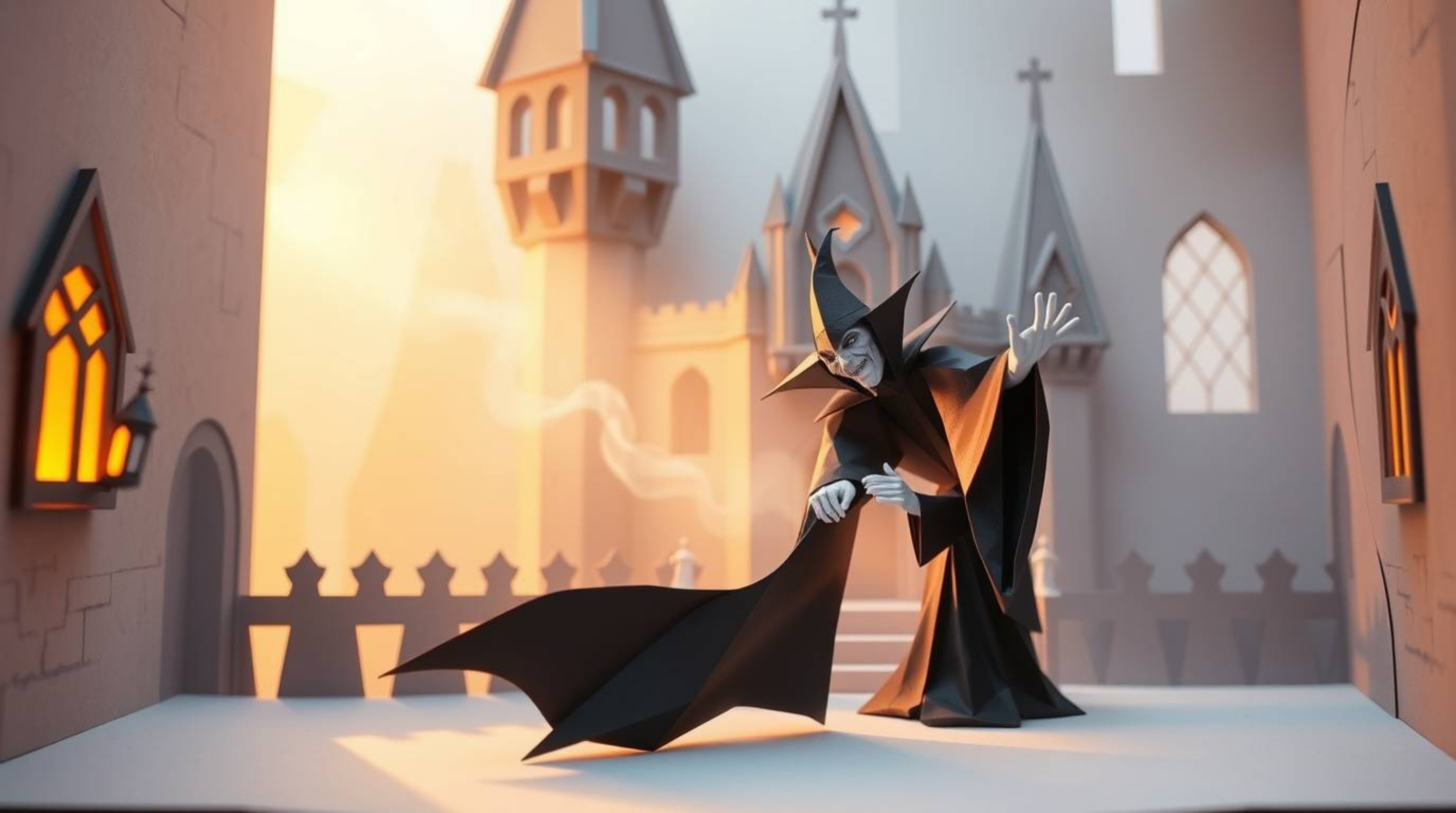 A captivating illustration in an intricate origami style depicts a classic Disney villain casting a spell within the aged wal