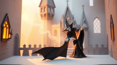 A captivating illustration in an intricate origami style depicts a classic Disney villain casting a spell within the aged wal