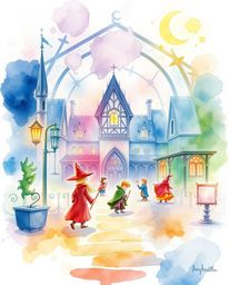 This delicate watercolor painting captures an ethereal vibe, depicting a magical school brimming with young wizards.  The art