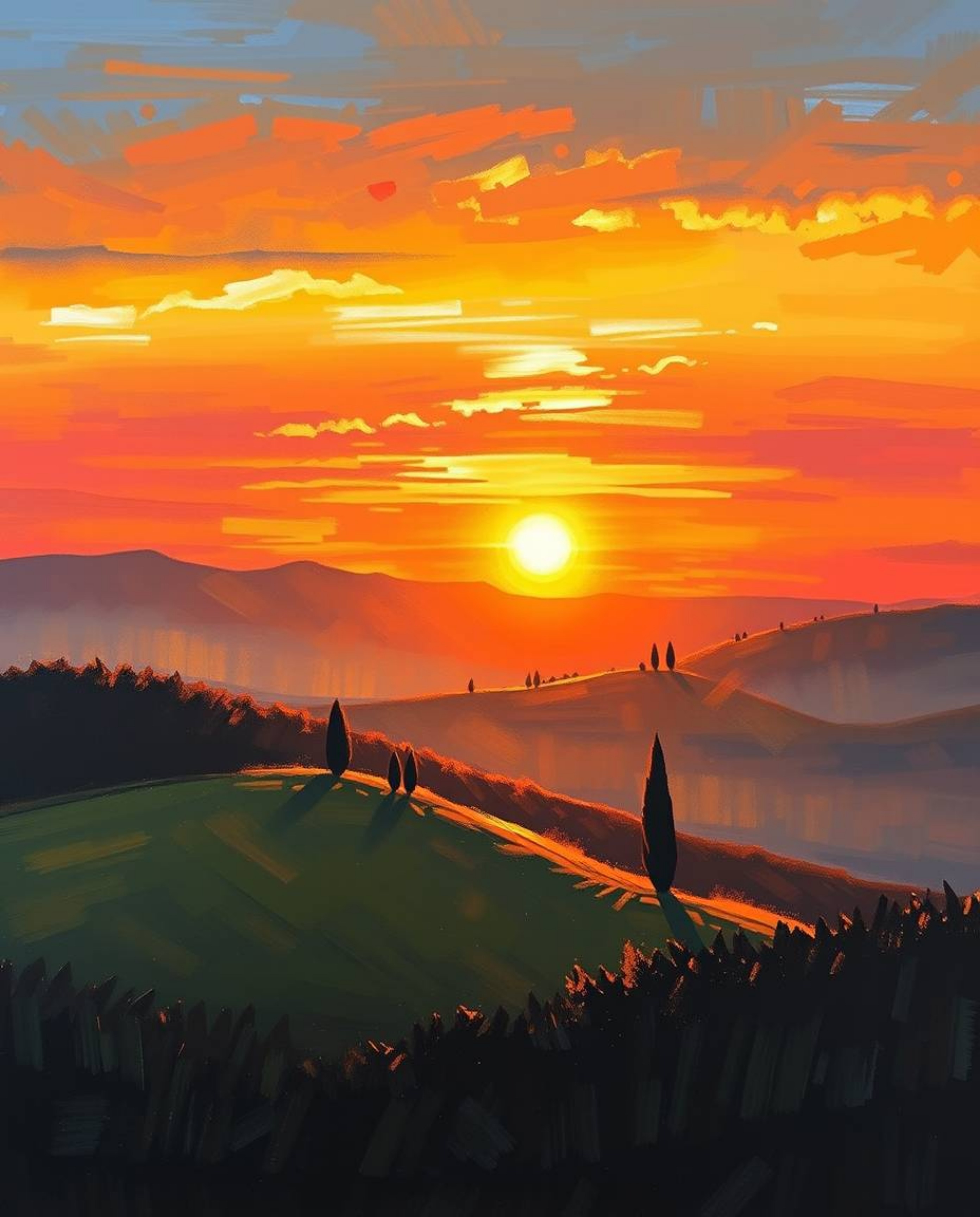 This is a bold acrylic painting capturing a sunset over misty Tuscan hills during the warm golden hour. The artwork is charac