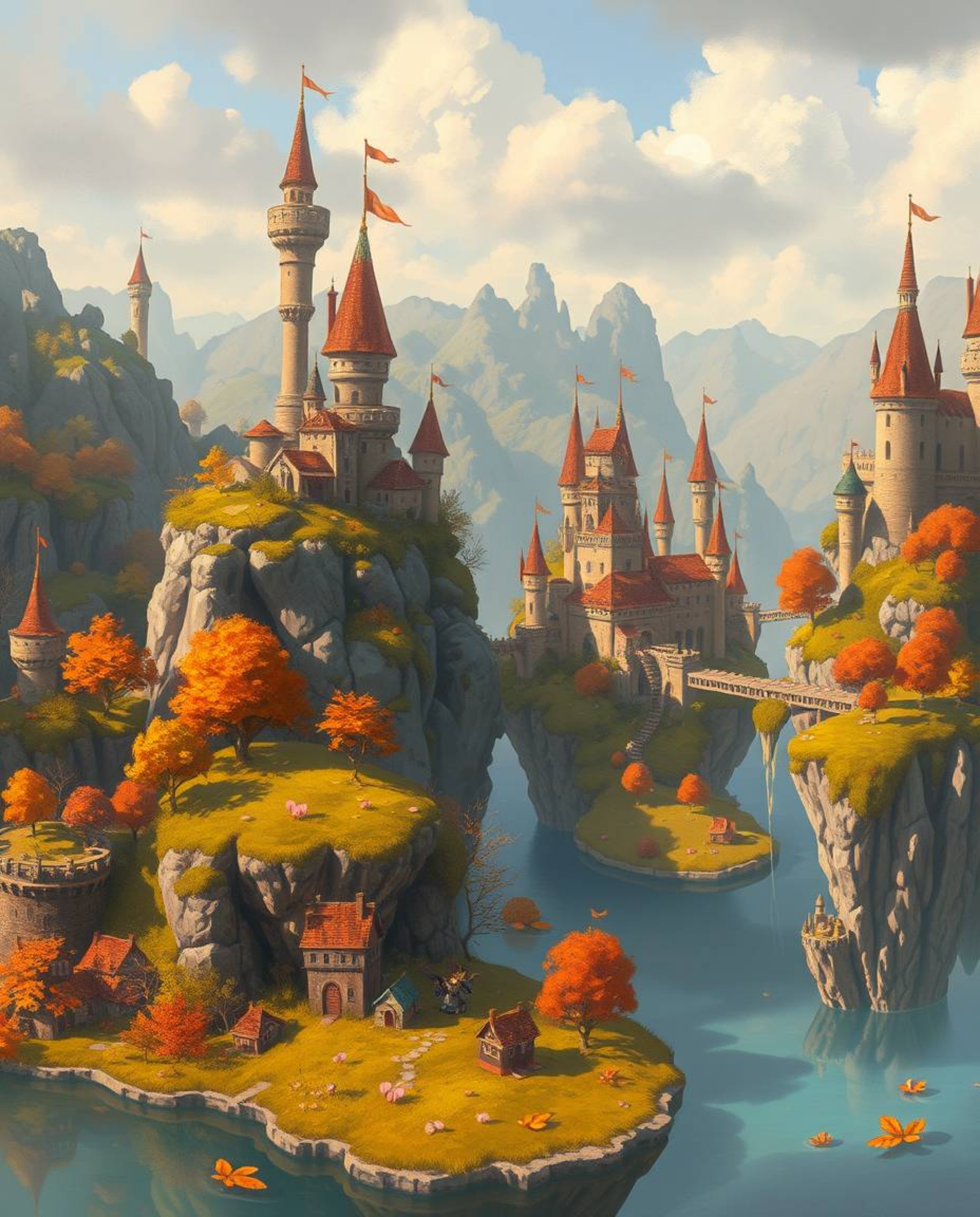 Immerse yourself in a vibrant digital painting showcasing a colorful kingdom with floating islands and majestic castles. Bath