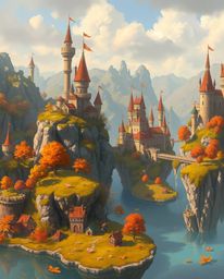 Immerse yourself in a vibrant digital painting showcasing a colorful kingdom with floating islands and majestic castles. Bath