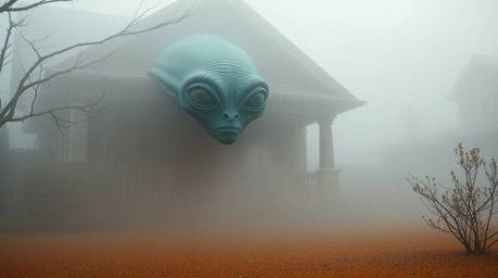 An alien with grey skin and large eyes resides in a suburban house enveloped in thick fog, creating a scene of low visibility