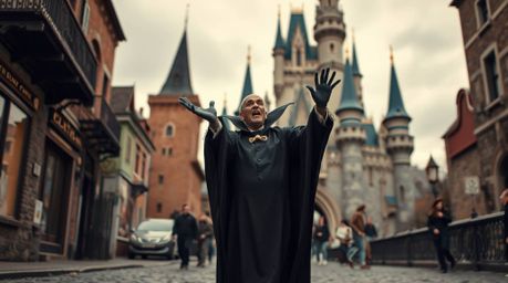 A classic Disney villain, unexpectedly captured mid-spell within an old castle, is presented in a candid street photography s