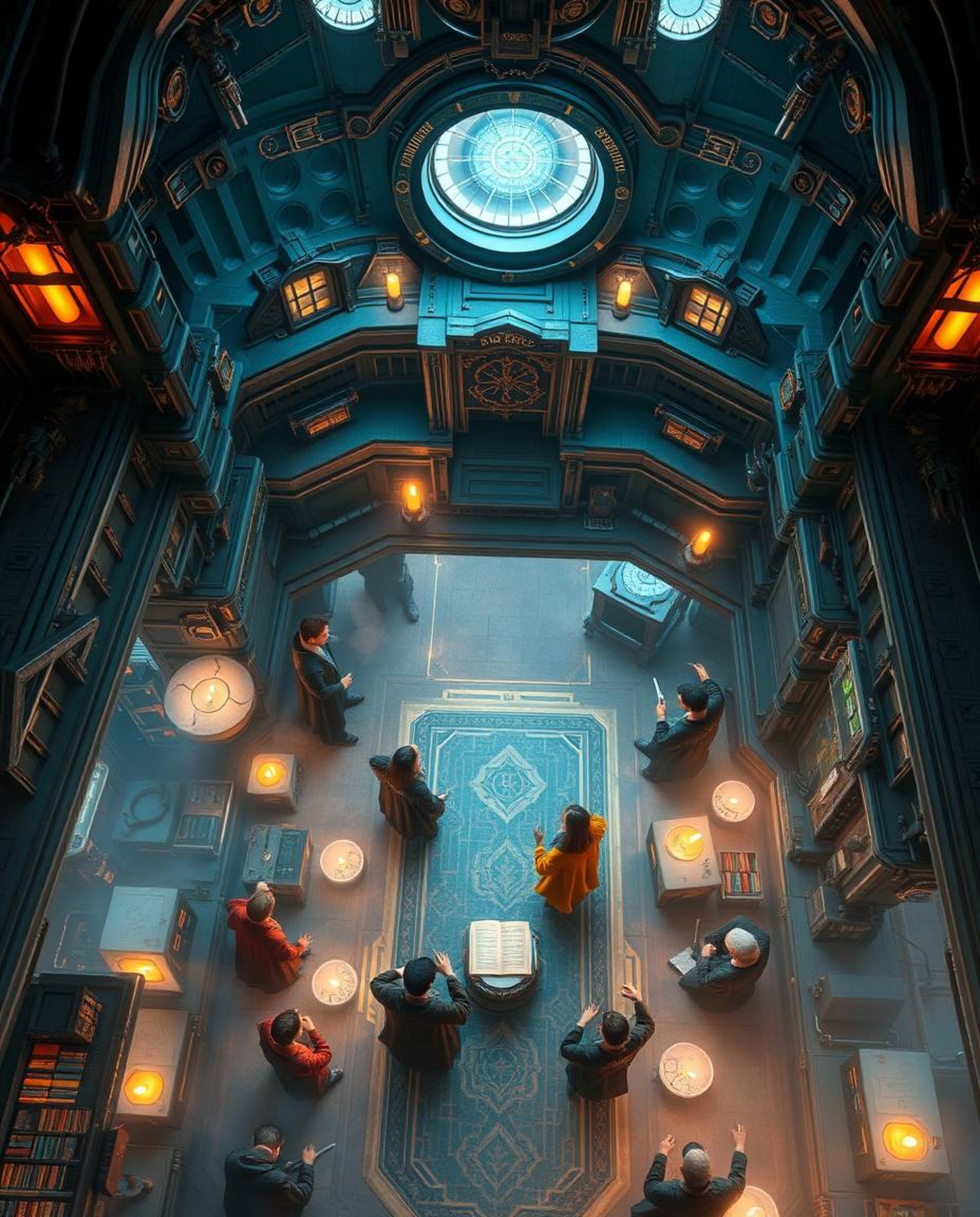 Experience a breathtaking overhead view of a futuristic magical school, blending advanced technology with ancient magic.  You