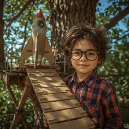 A captivating high-fashion photograph in a Pixar-esque style depicts a boy with bright eyes and messy brown hair proudly besi
