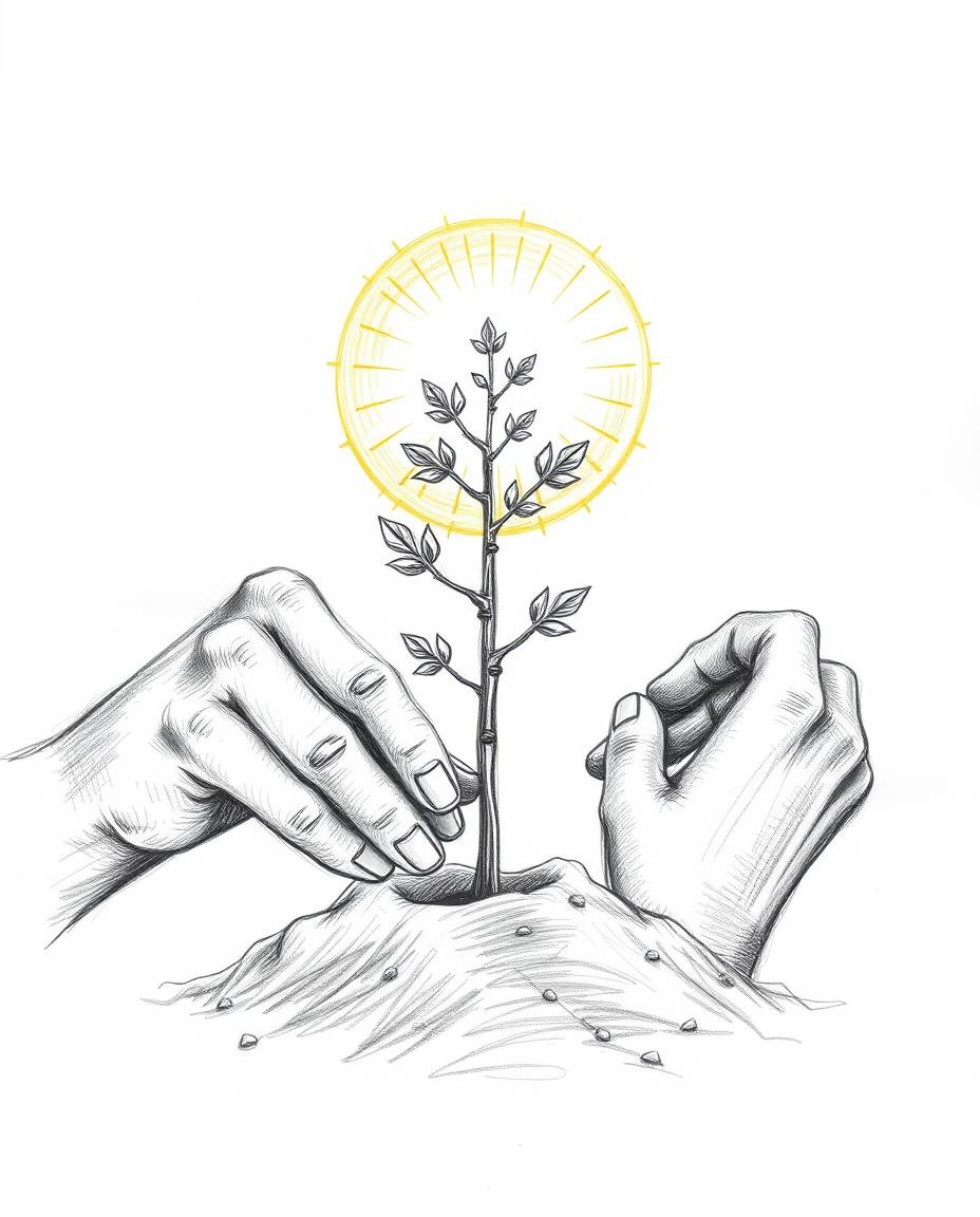 A graceful and elegant hand-drawn sketch depicting refined hands planting a tree under a golden sky. The artwork is rendered 