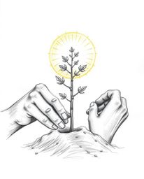 A graceful and elegant hand-drawn sketch depicting refined hands planting a tree under a golden sky. The artwork is rendered 