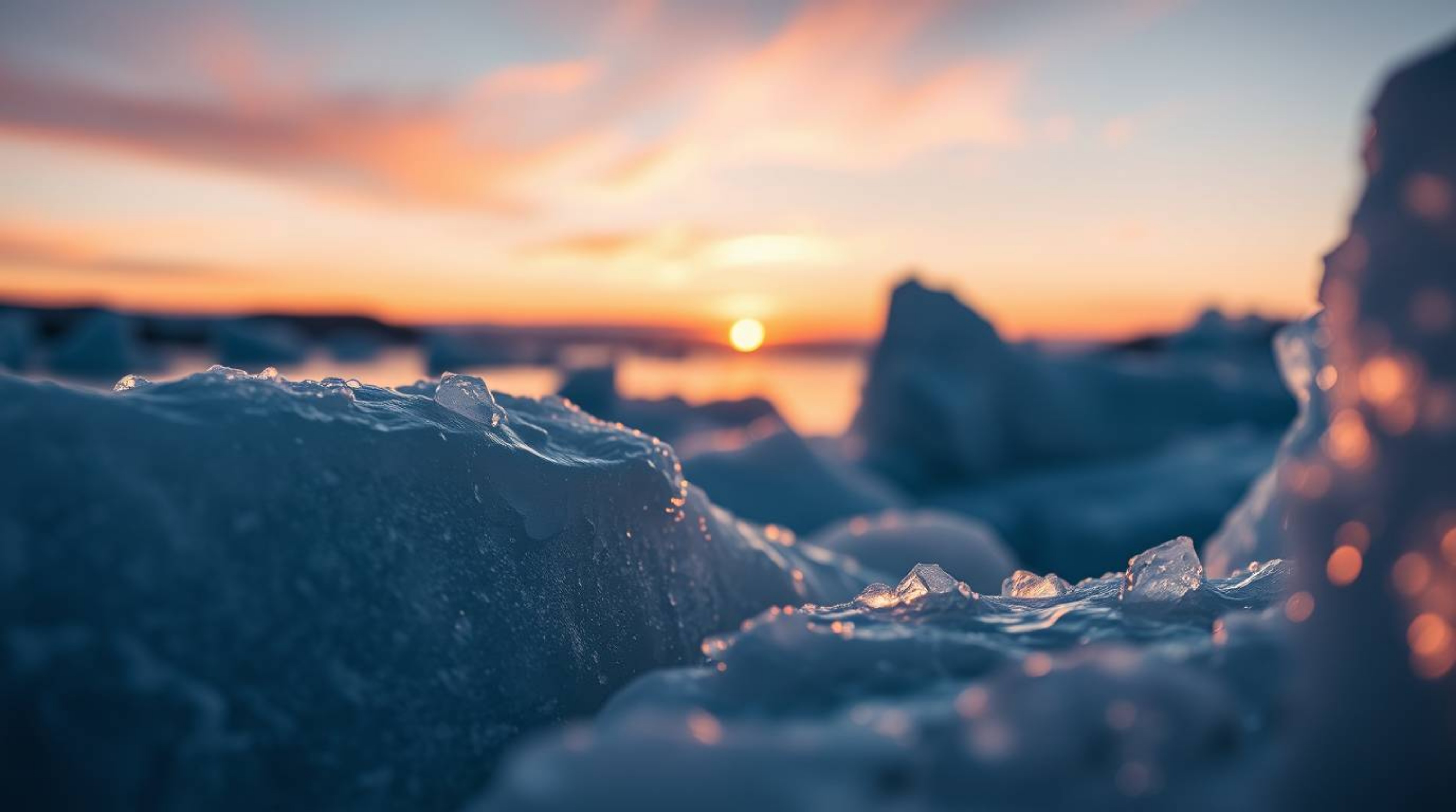 Experience an extreme macro close-up of a mystic and enchanting sunset painting the icy polar glaciers. This dreamlike scene 